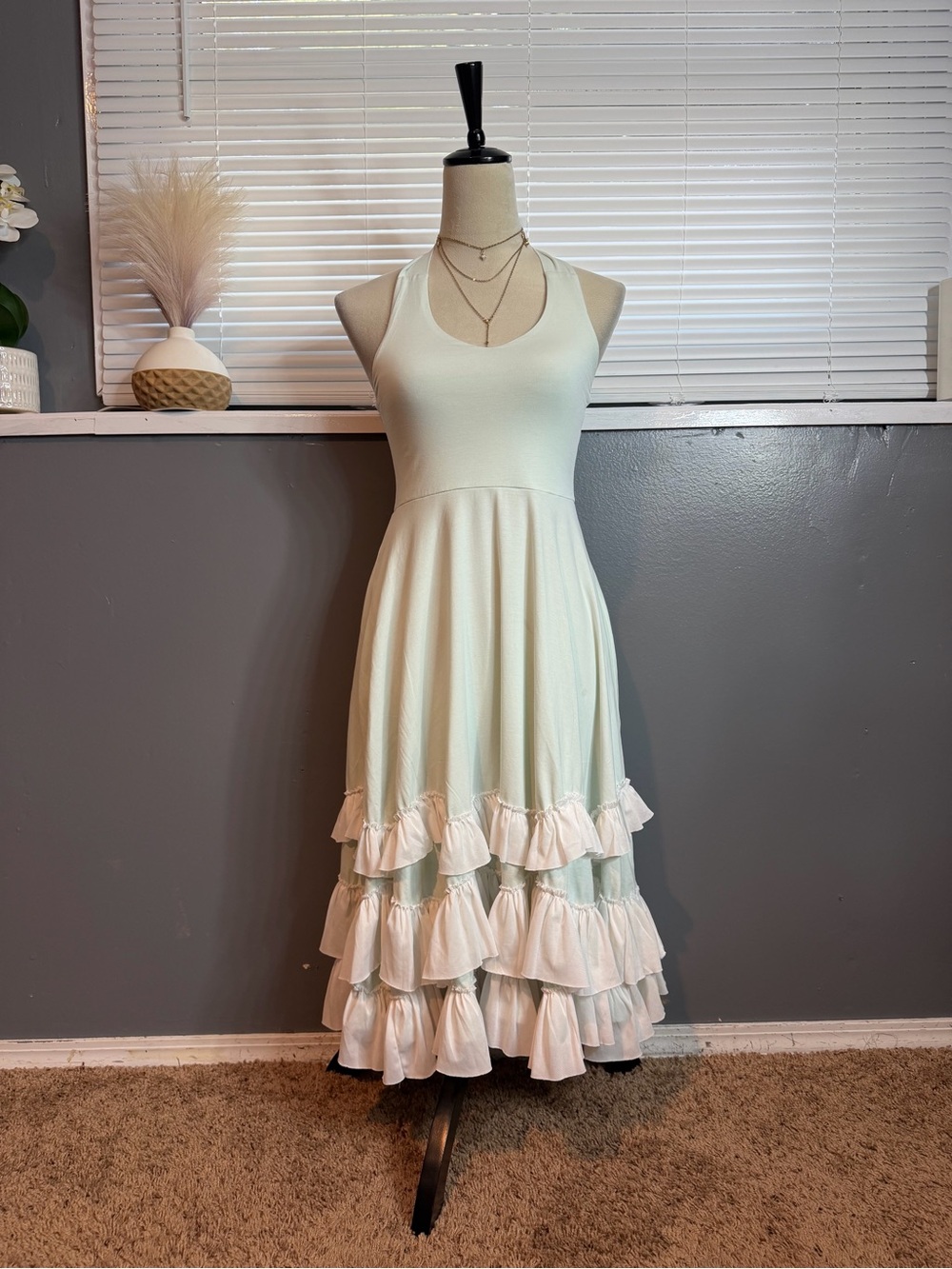 Girls' Sleeveless Mint Ruffle Hem Casual Dress